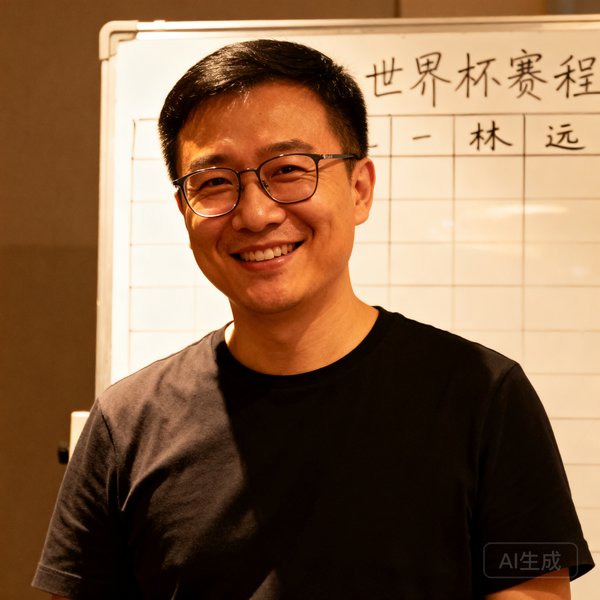 创始人林远，戴眼镜，微笑，身后是世界杯赛程白板