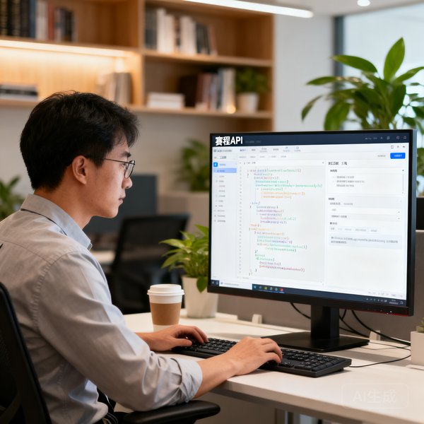 高级工程师王凯，在电脑前编写代码，屏幕显示赛程API